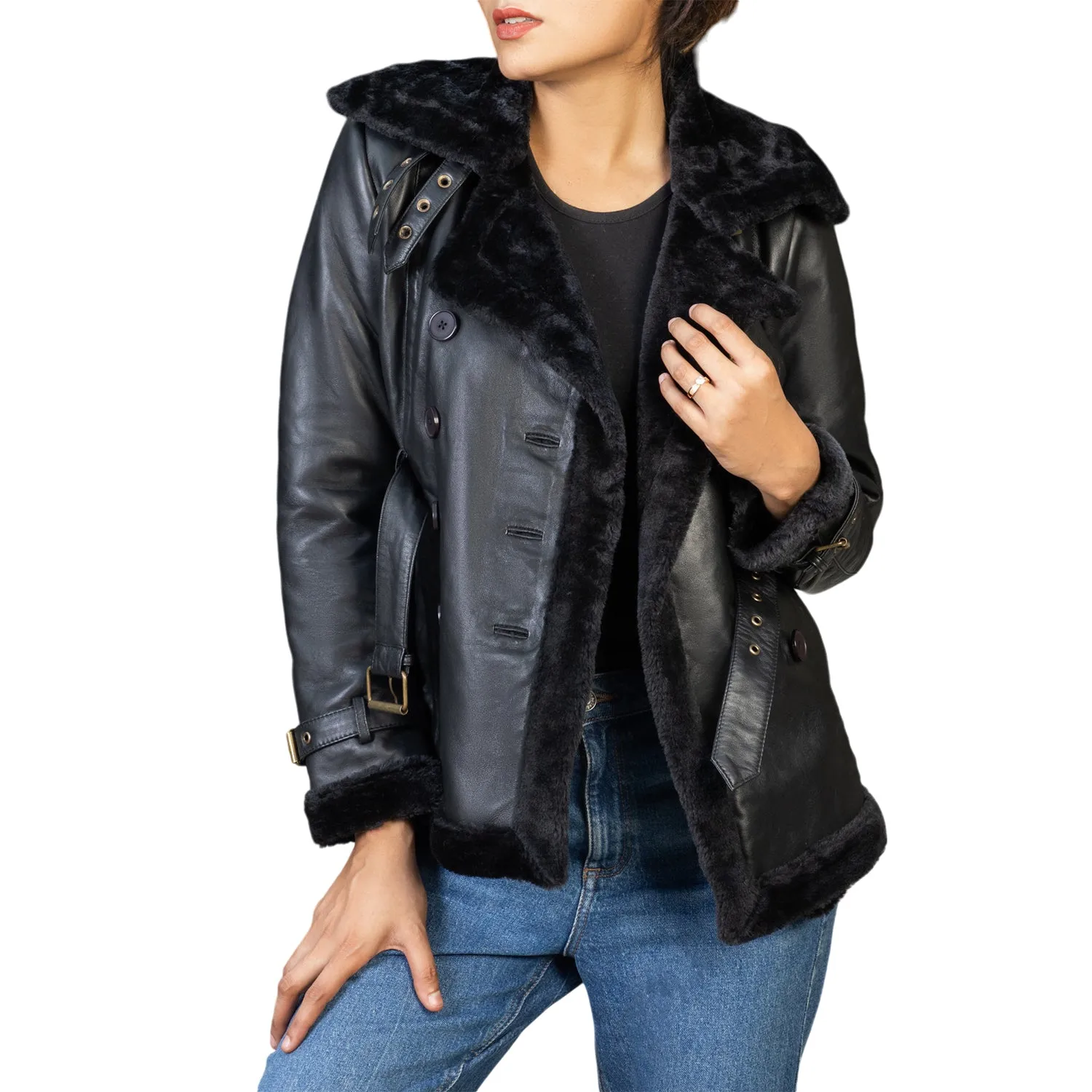 Women’s Black Double Breasted Real Shearling Leather Jacket