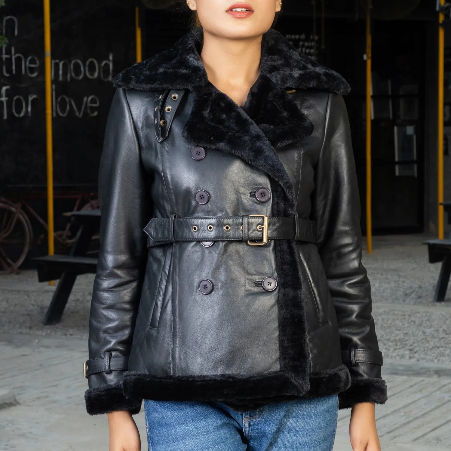 Women’s Black Double Breasted Real Shearling Leather Jacket