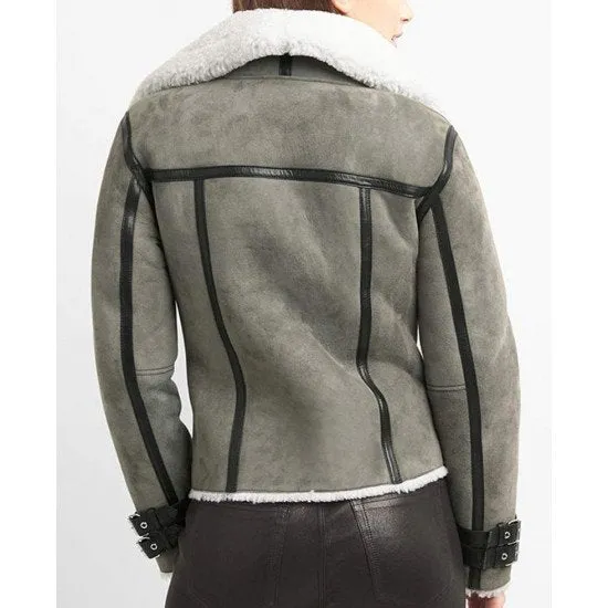 Women’s Grey Suede Biker Shearling Jacket