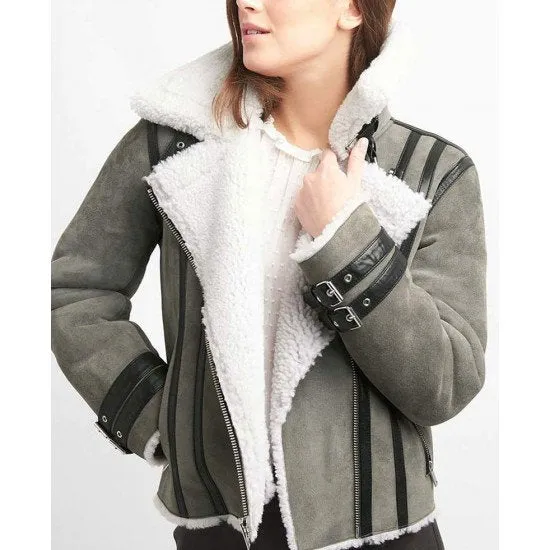 Women’s Grey Suede Biker Shearling Jacket