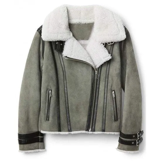 Women’s Grey Suede Biker Shearling Jacket