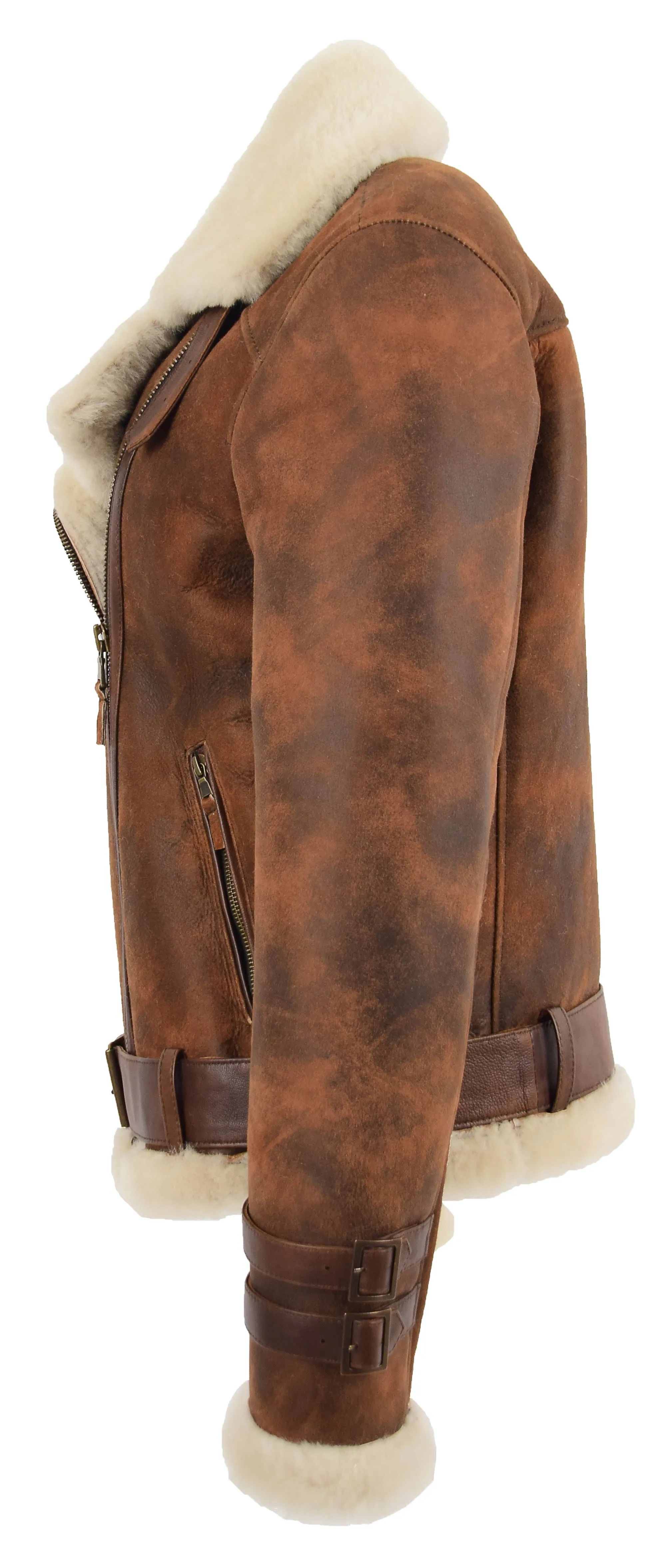 Womens Real Sheepskin Jacket Brown Antique Shearling Aviator Coat Willow