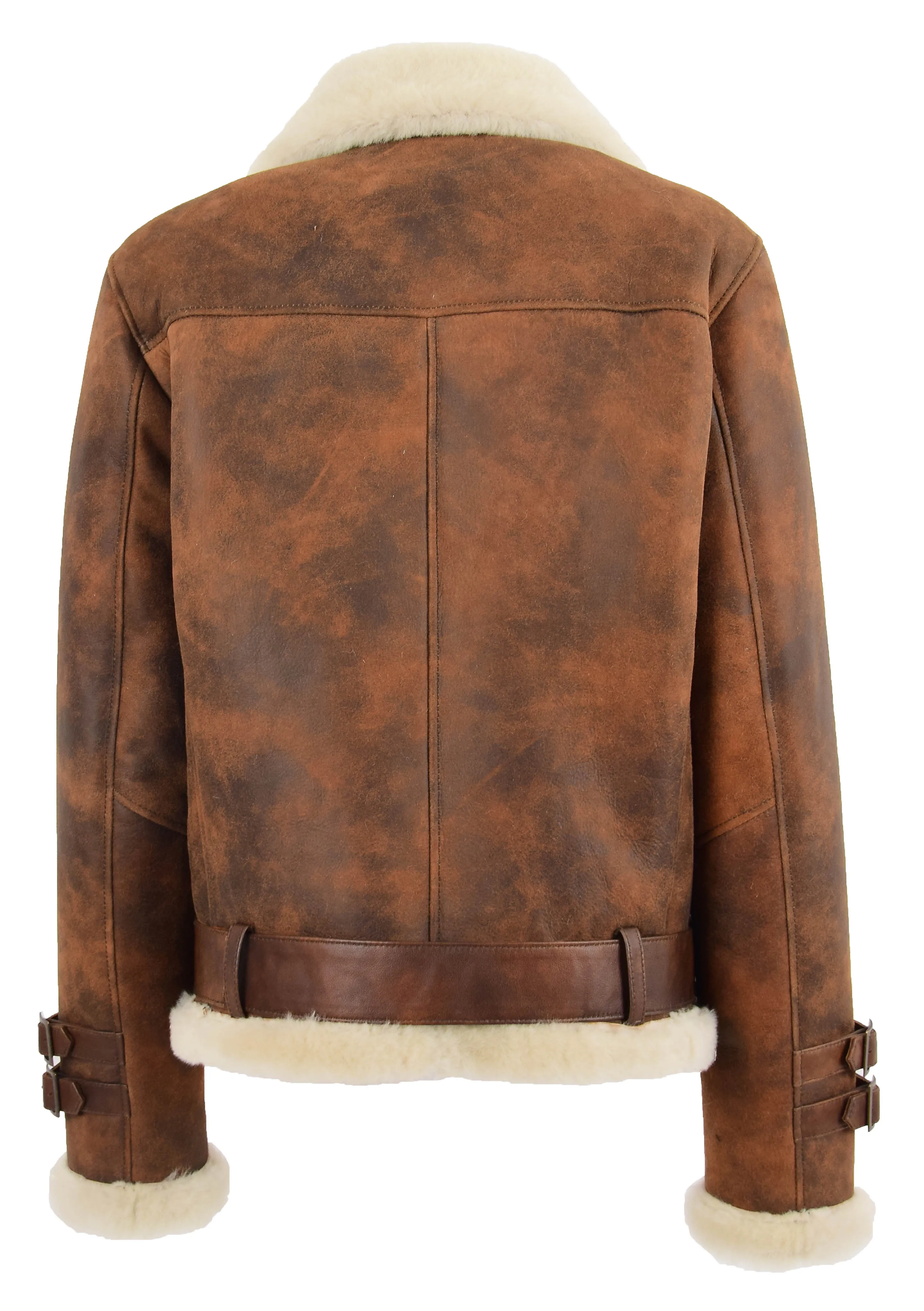 Womens Real Sheepskin Jacket Brown Antique Shearling Aviator Coat Willow