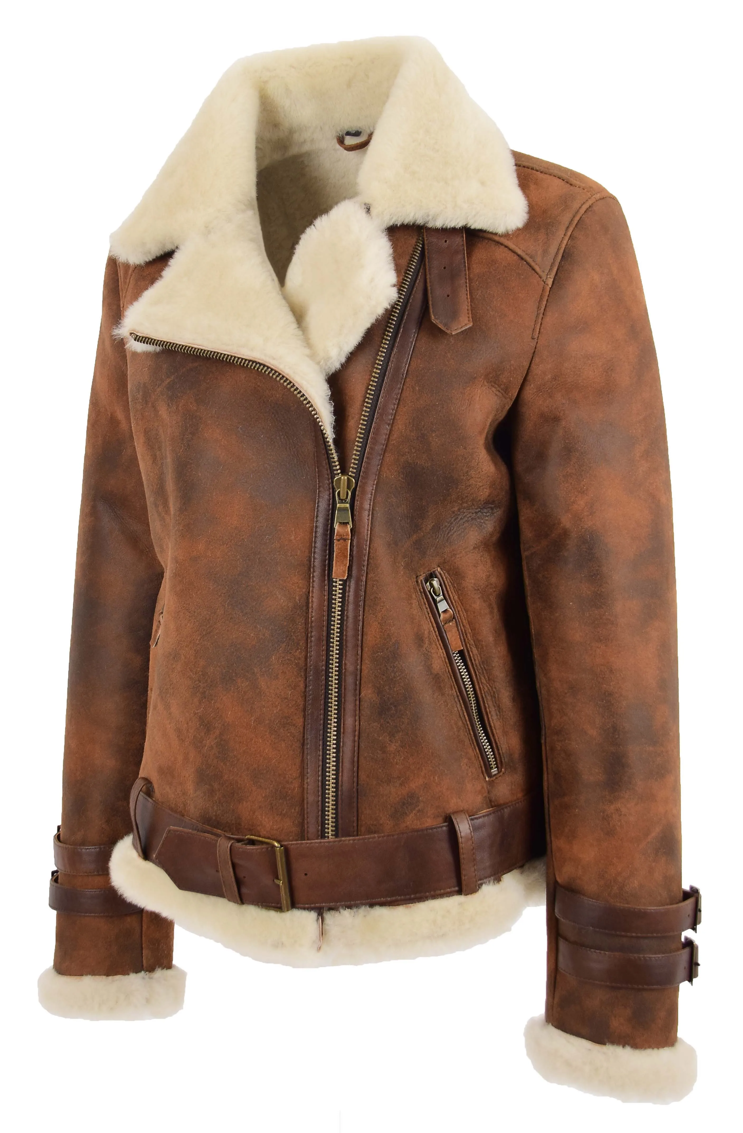 Womens Real Sheepskin Jacket Brown Antique Shearling Aviator Coat Willow