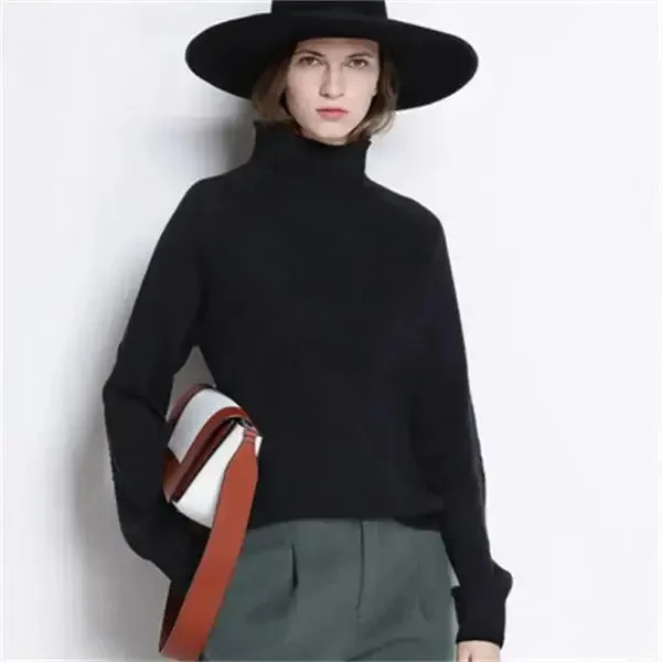 Women's Ribbed Knit Cashmere Wool Blend Turtleneck Sweater