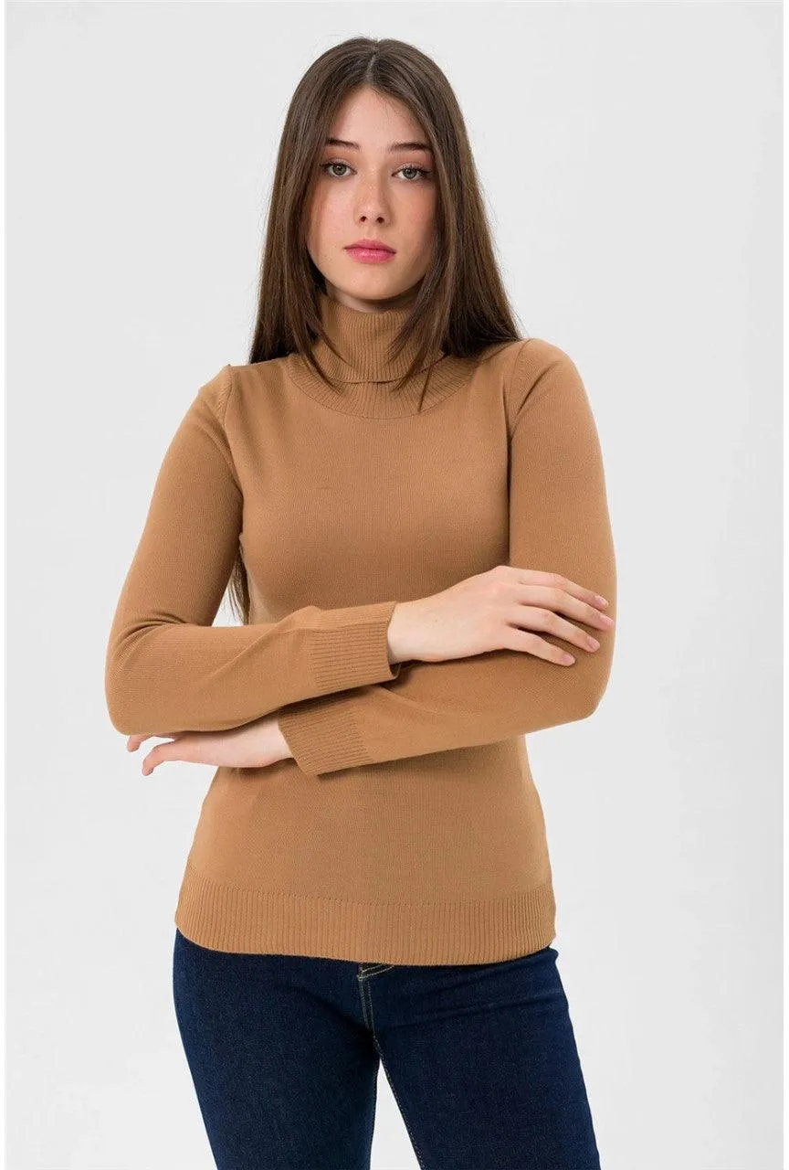 Womens Turtleneck Knitwear Sweater - Camel Brown | Soft and Elegant