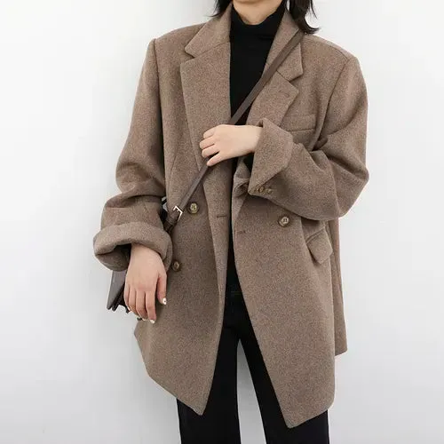 Wool Blend Coat Solid Mid Long Woolen Blazer Thick Warm Blouse