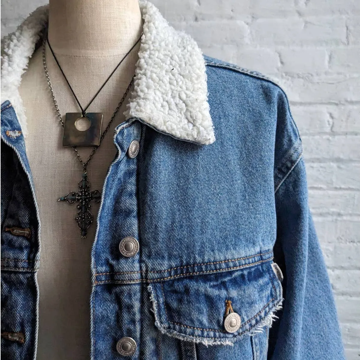 Y2K Retro Denim 70s style Distressed Sherpa Bomber Aviator Thermal Jean Jacket