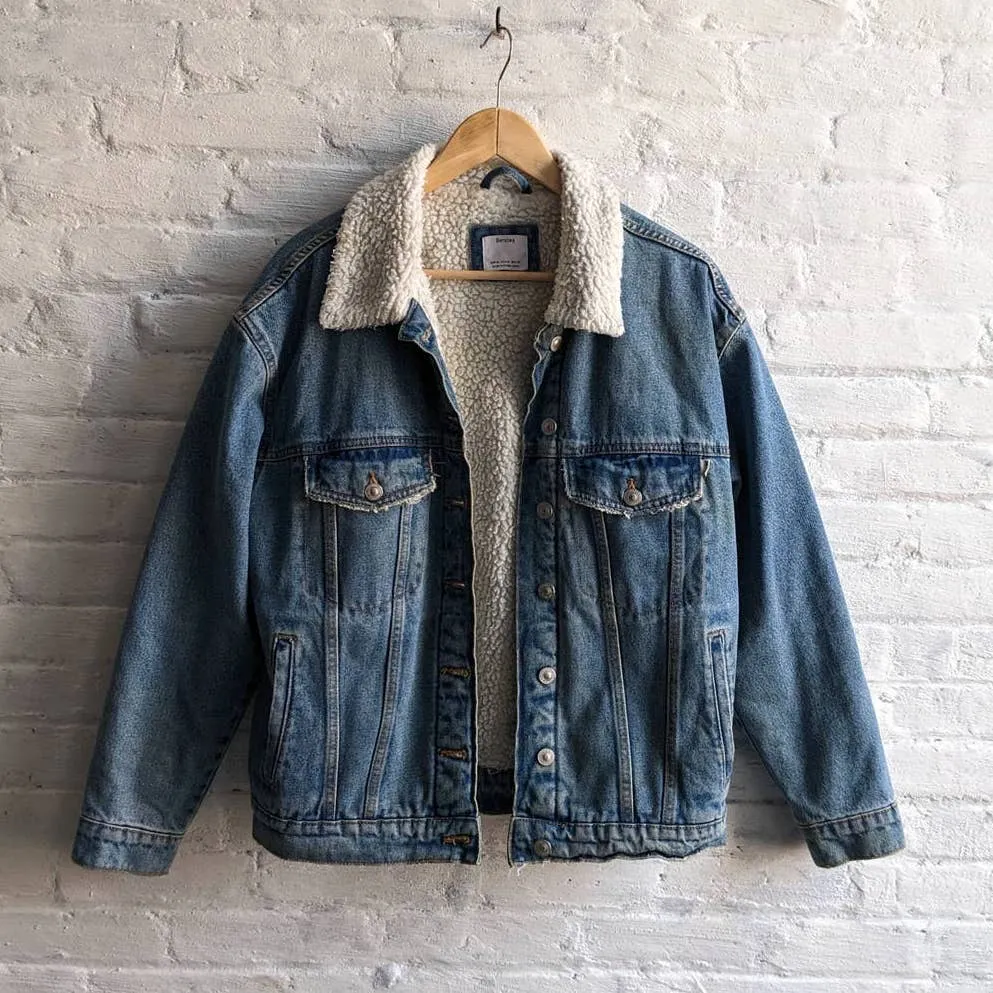 Y2K Retro Denim 70s style Distressed Sherpa Bomber Aviator Thermal Jean Jacket