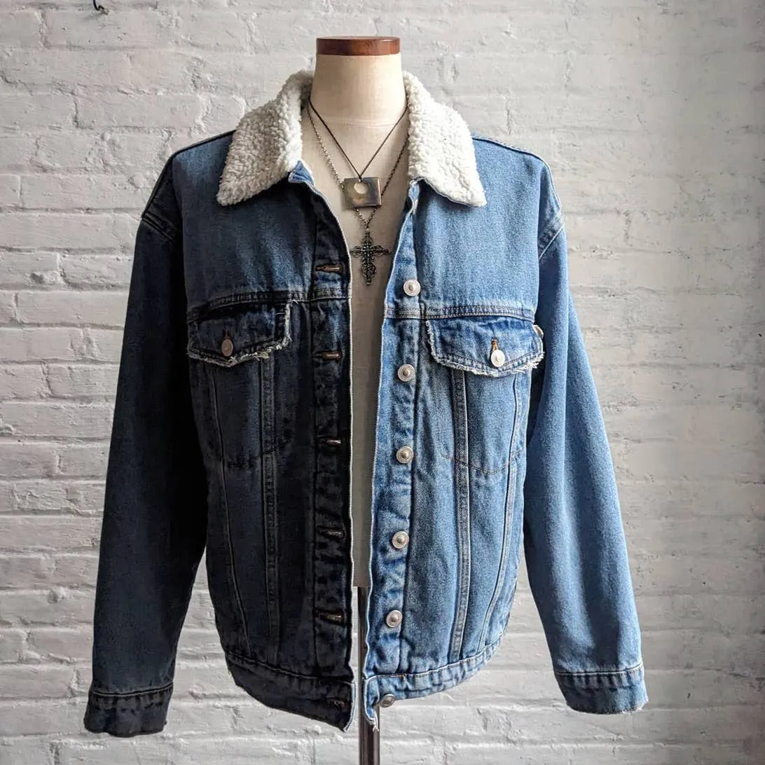 Y2K Retro Denim 70s style Distressed Sherpa Bomber Aviator Thermal Jean Jacket