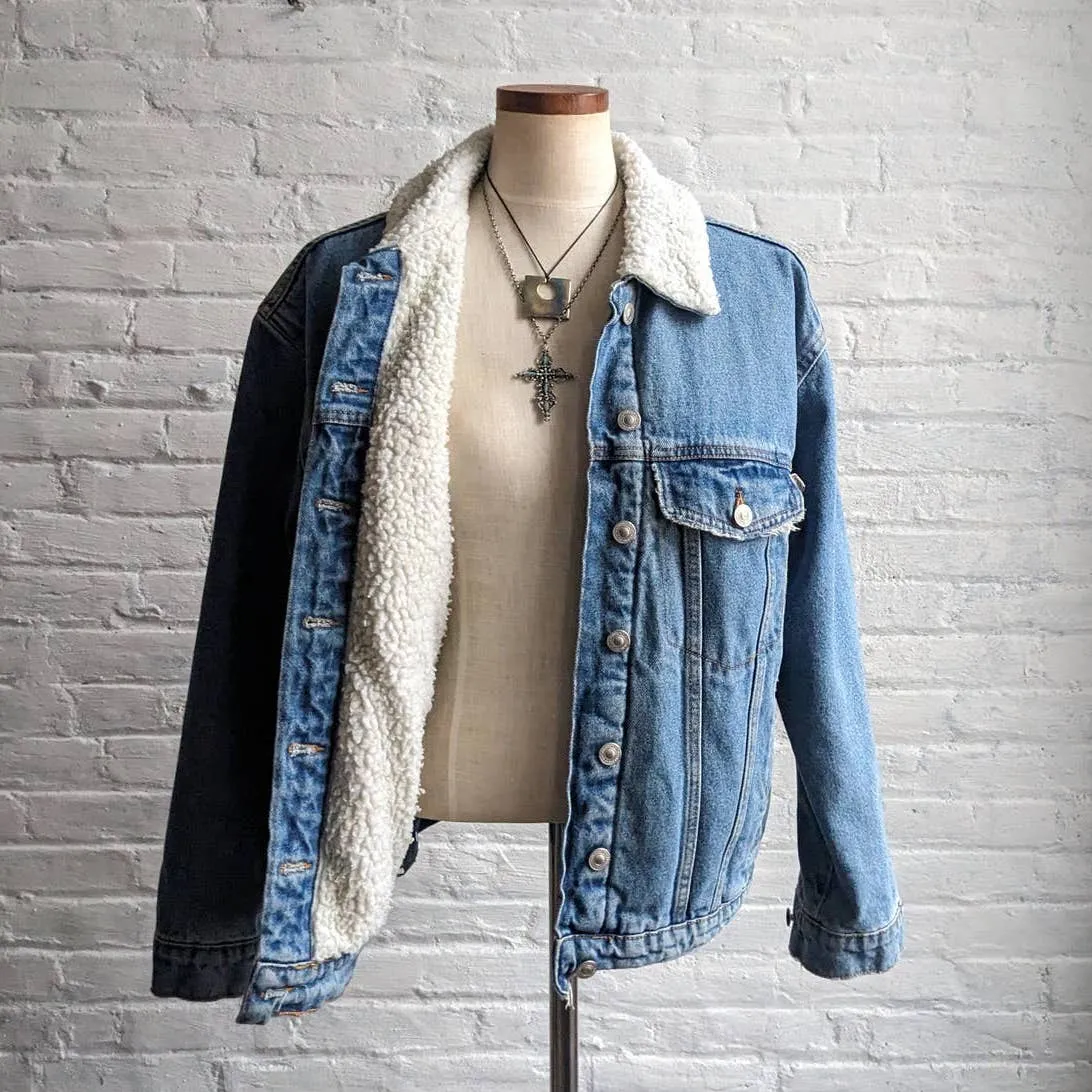 Y2K Retro Denim 70s style Distressed Sherpa Bomber Aviator Thermal Jean Jacket