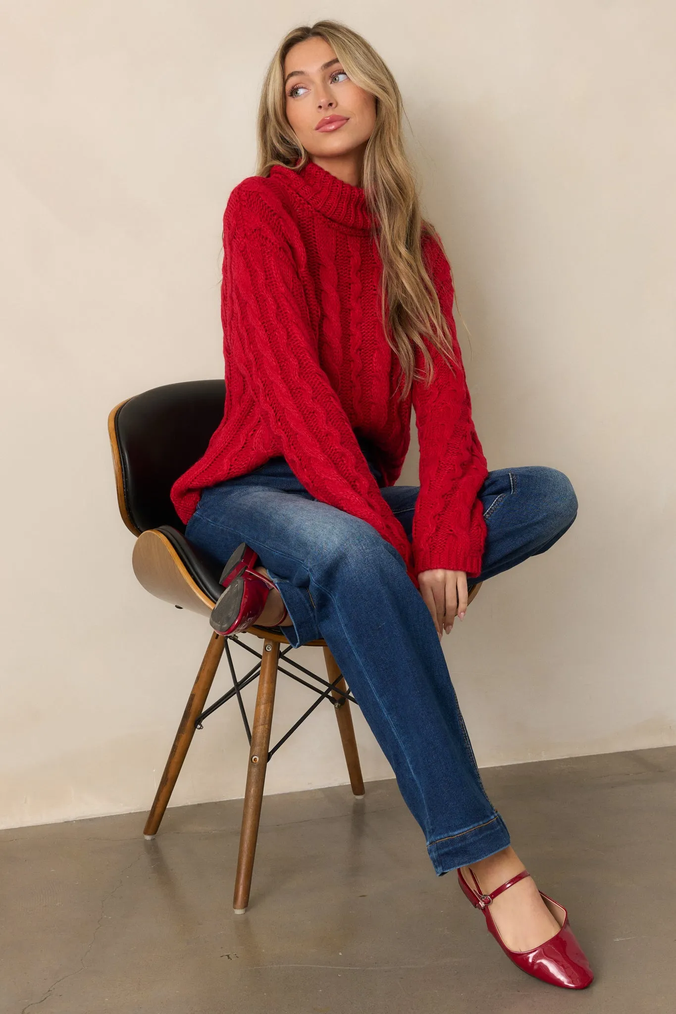 Z Supply Tied To You Red Cable Knit Turtleneck Sweater